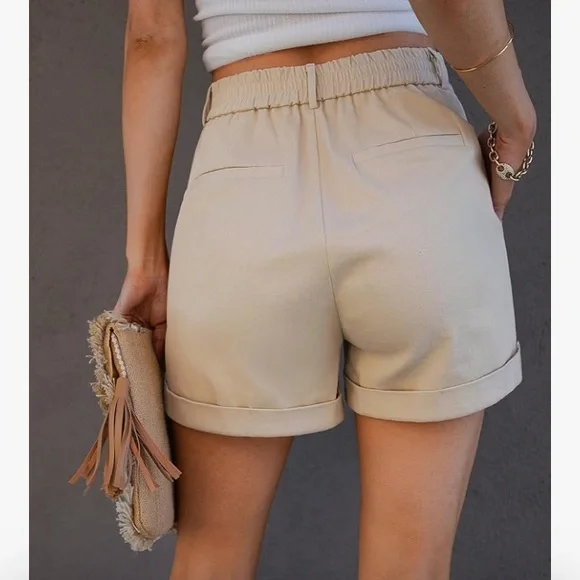 Beige Women's High-Waist Casual Shorts - Picture 2 of 6